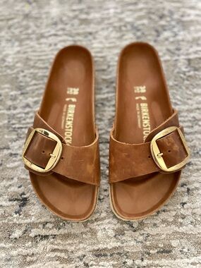 Birkenstock Madrid Big Buckle Cognac Brown Leathee Sandals Size 38 Gold